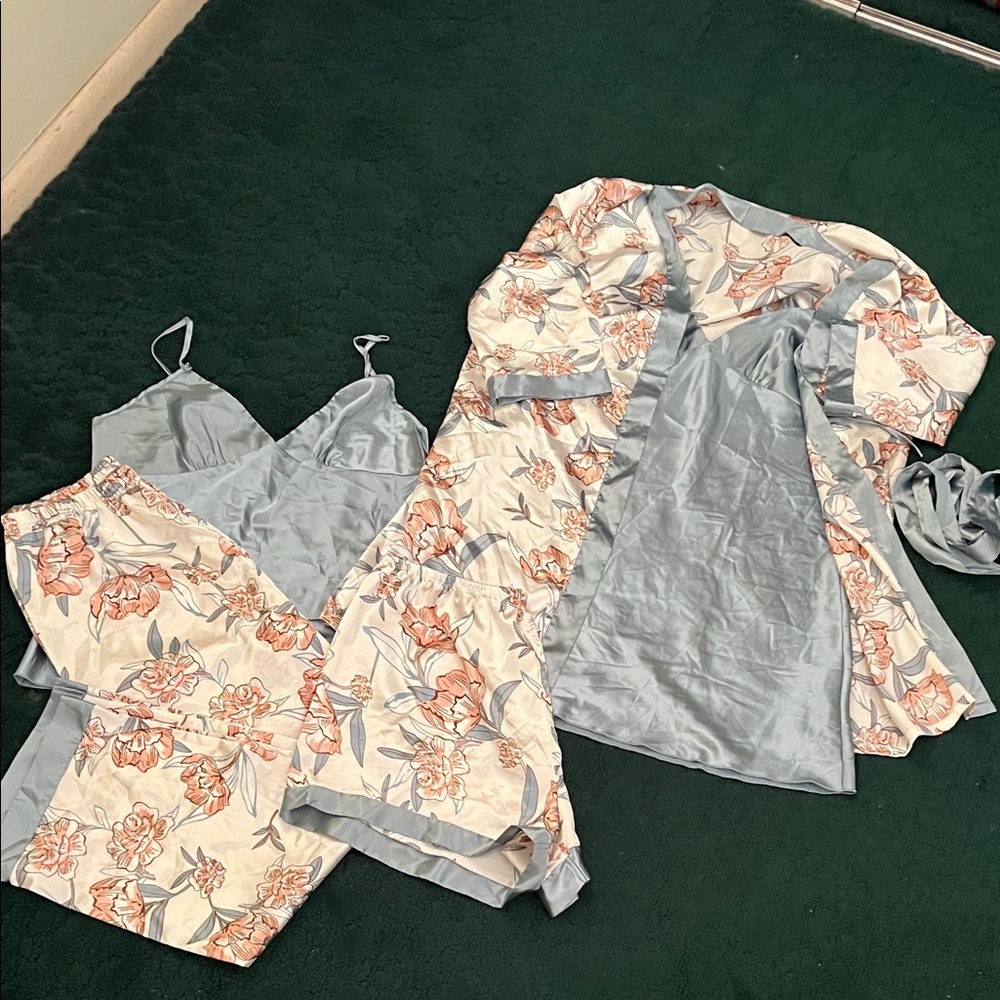 Floral Satin Pajama Set - Blue and Cream